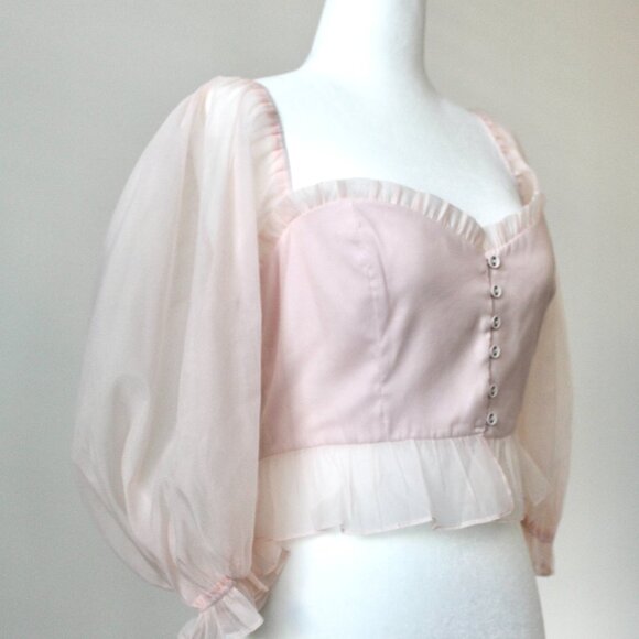 Vestique Coquette Light Pink Sheer Ruffle Crop Top Sweetheart Puff Blouse Small - Picture 2 of 12
